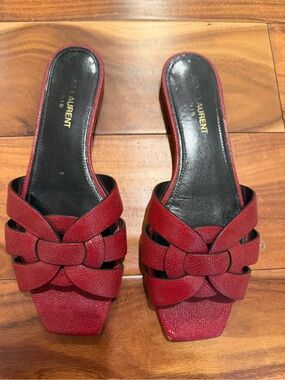 Yves Saint Laurent Red Woven Leather Slide Mules